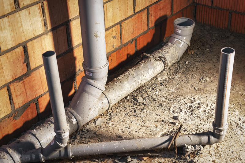 Conduites d'égout dans le sous-sol d'une maison. Système de canalisations sanitaires grises lors de la construction d'une maison. Installation d'égouts pour l'évacuation des eaux usées. Plombier Limoges,Dépannage plomberie Limoges,Rénovation salle de bain Limoges,Installation sanitaire Limoges,Recherche de fuite d'eau Limoges